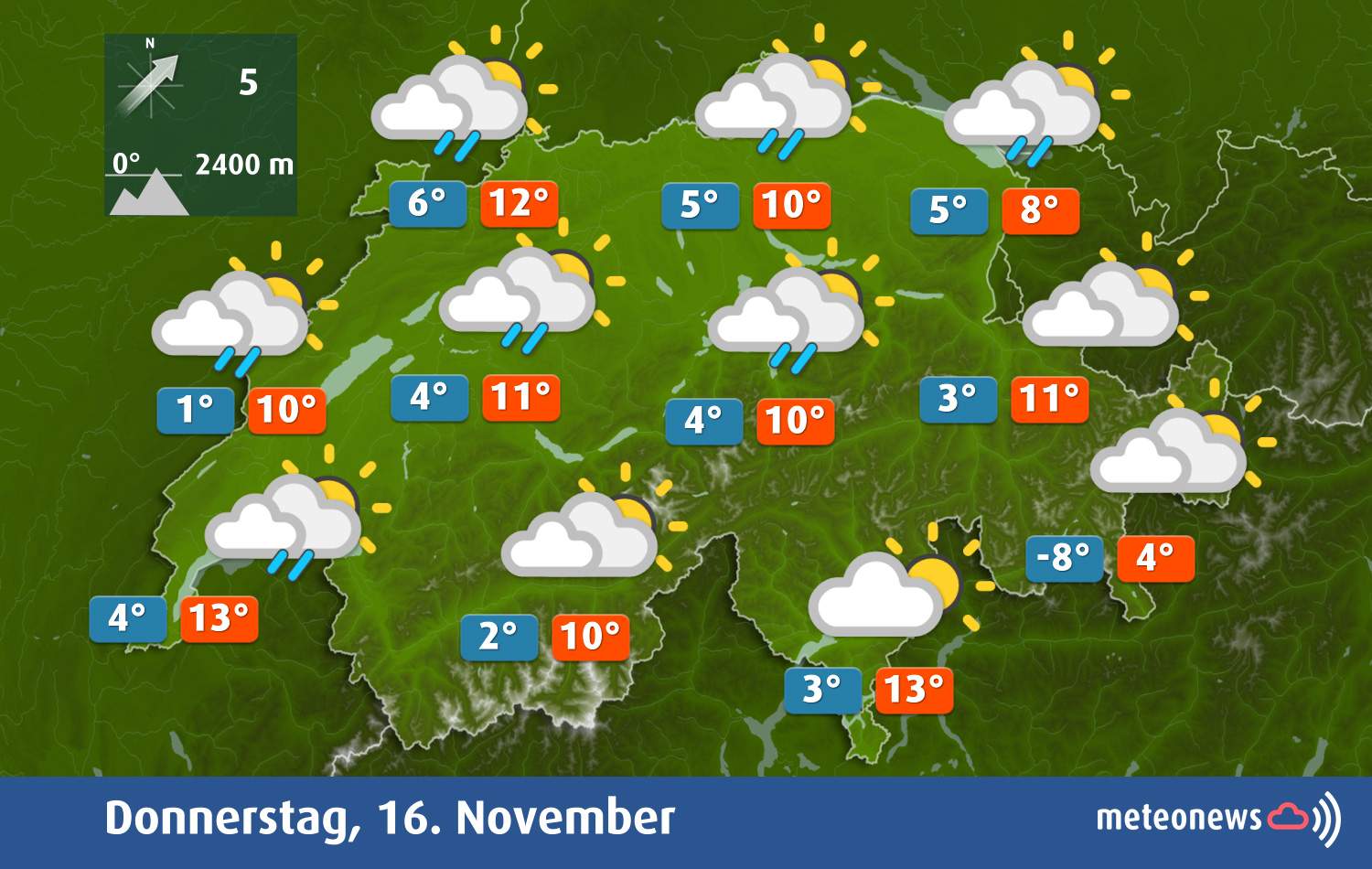 Fig. 1: Weather tomorrow Thursday: Lots of clouds and some rain in the north, friendlier in the south; Source: MeteoNews