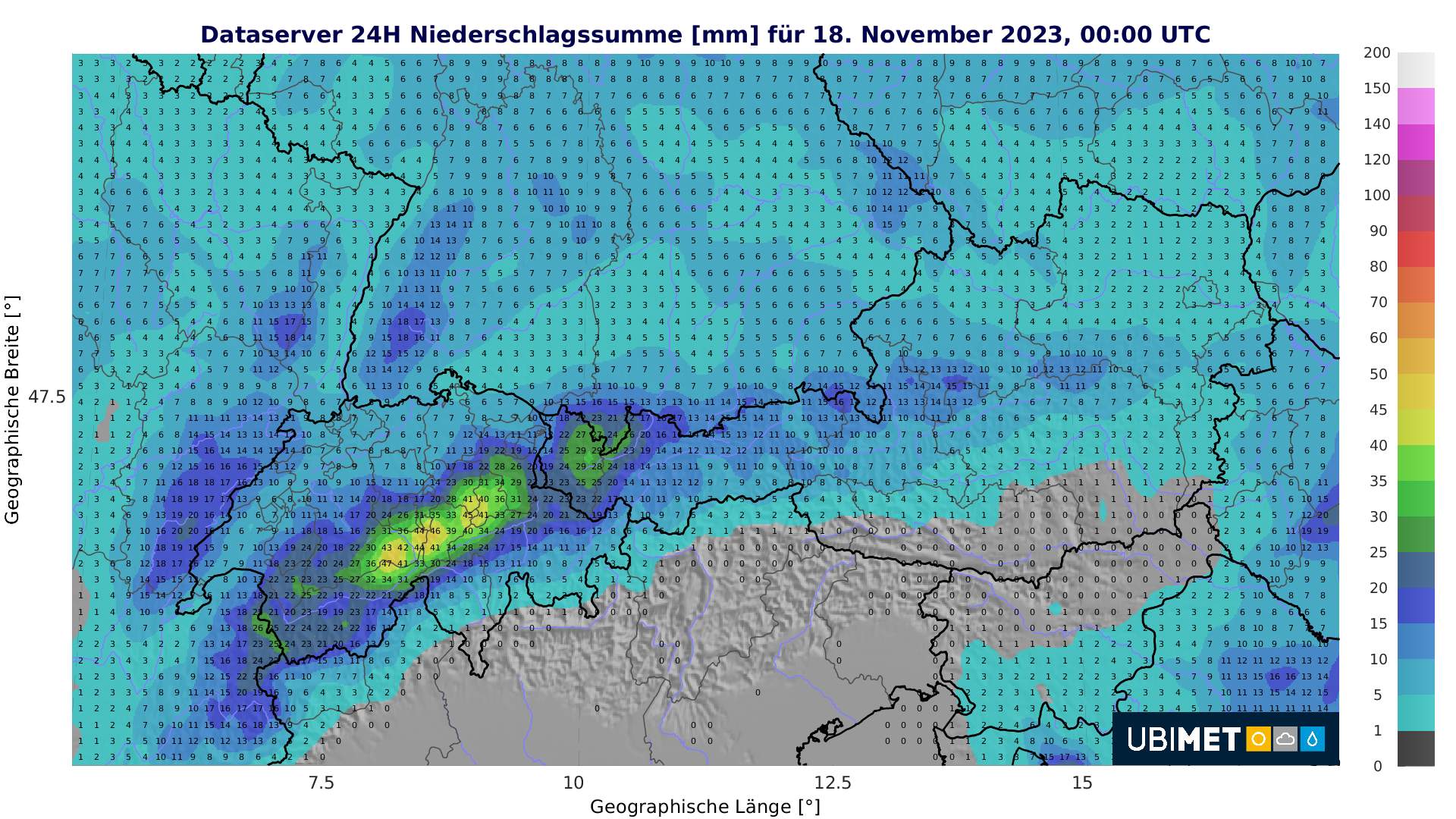 Fig. 4: 24-hour precipitation amount until Saturday, November 18, 00:00 UTC; Source: MeteoNews, Ubimet