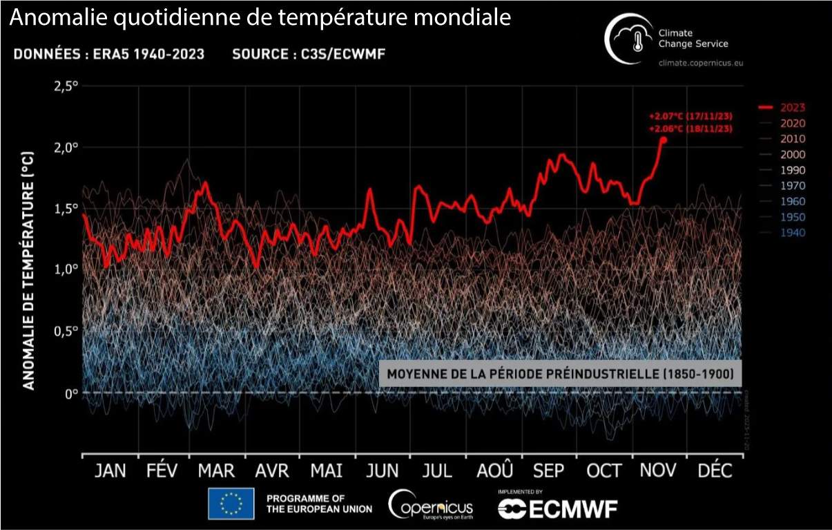 Fig. 1: Anomalie quotidienne de température mondiale; Source: C3S/ECMWF