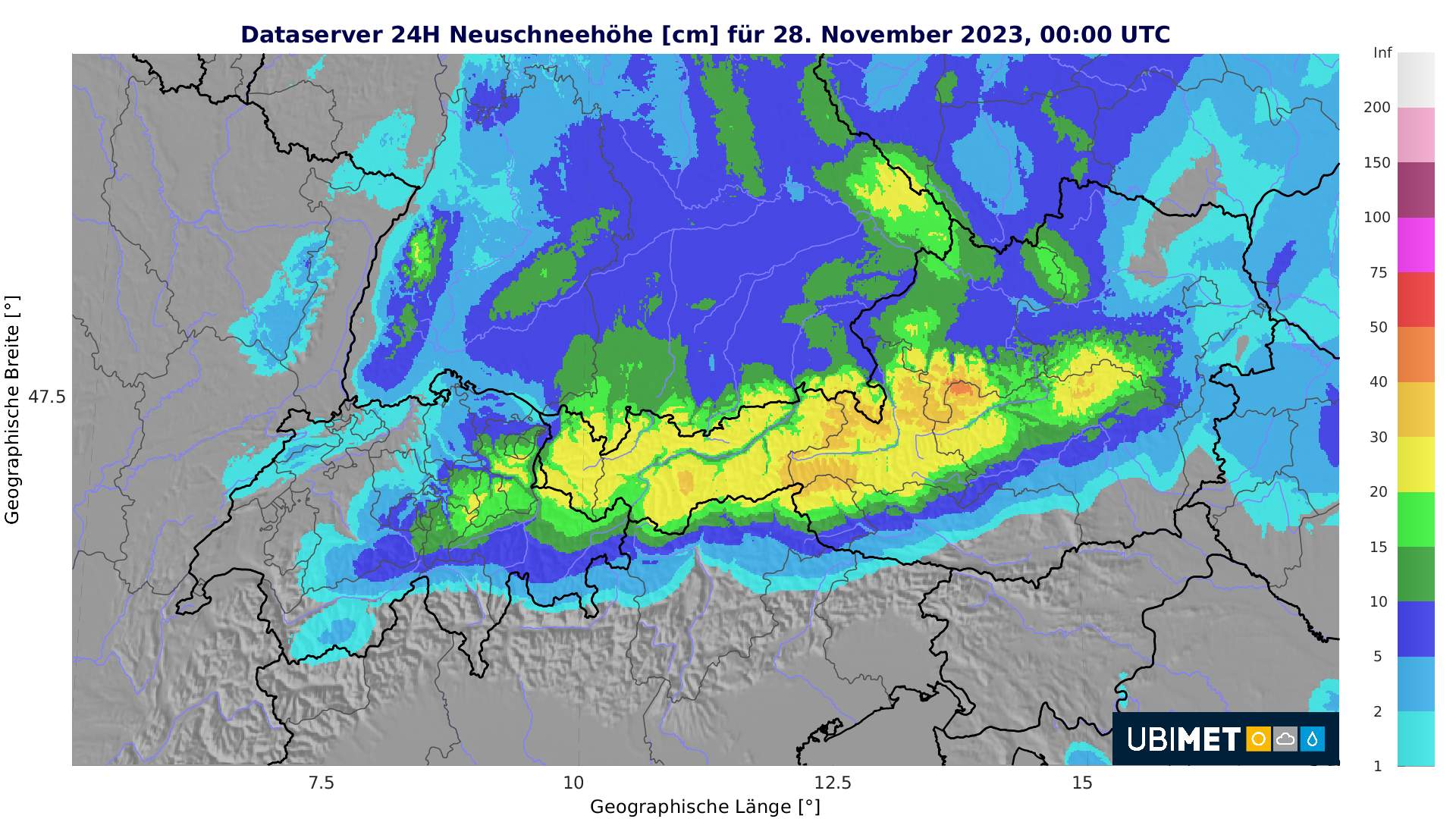 Fig. 5: Expected amount of fresh snow on Monday, November 27, 2024; Source: MeteoNews/UBIMET