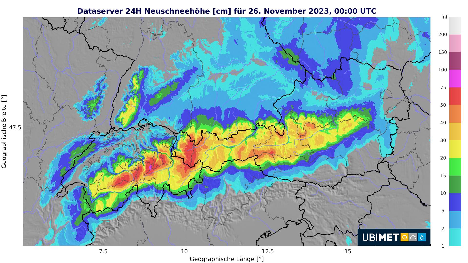 Cumuls de neige prévus en Suisse jusqu'à dimanche matin; Source: MeteoNews