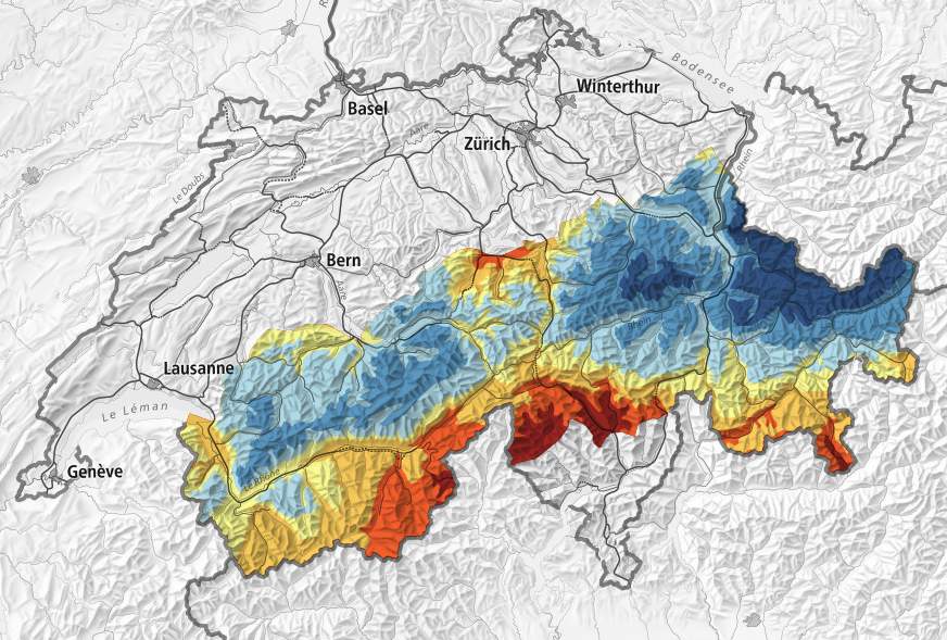 Fig. 1: The amount of snow in the foothills of the Alps is currently well above average in some areas (blue over 100%); Source: whiterisk.ch