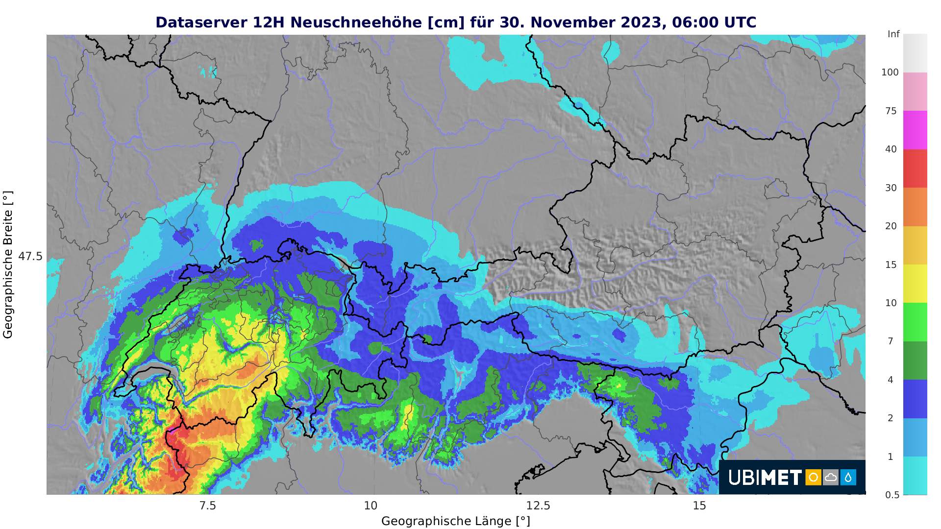 Fig. 1: Expected amount of fresh snow until Thursday morning; Source: MeteoNews, UBIMET