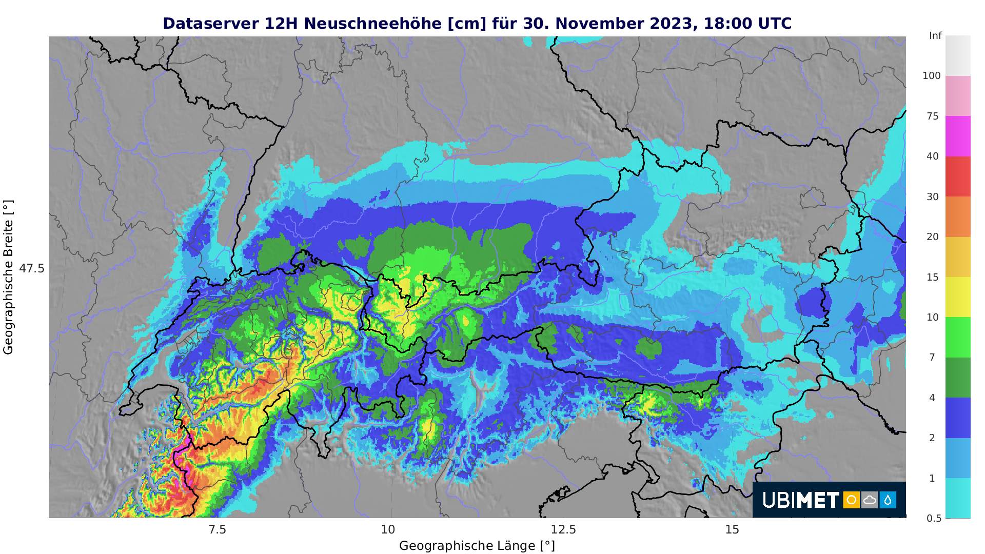 Fig. 6: Expected amount of fresh snow from Thursday evening to Saturday evening; Source: MeteoNews, UBIMET