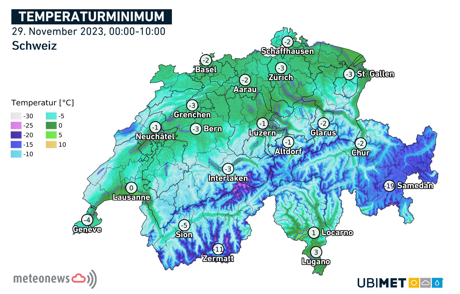 Températures mesurées ce mercredi à l'aube en Suisse; Source: MeteoNews