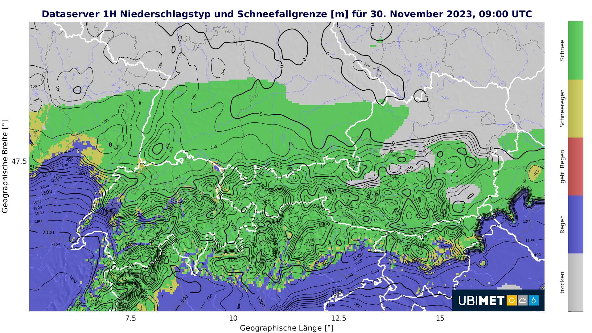 Limite des chutes de neige théorique jeudi à 10h en Suisse; Source: MeteoNews
