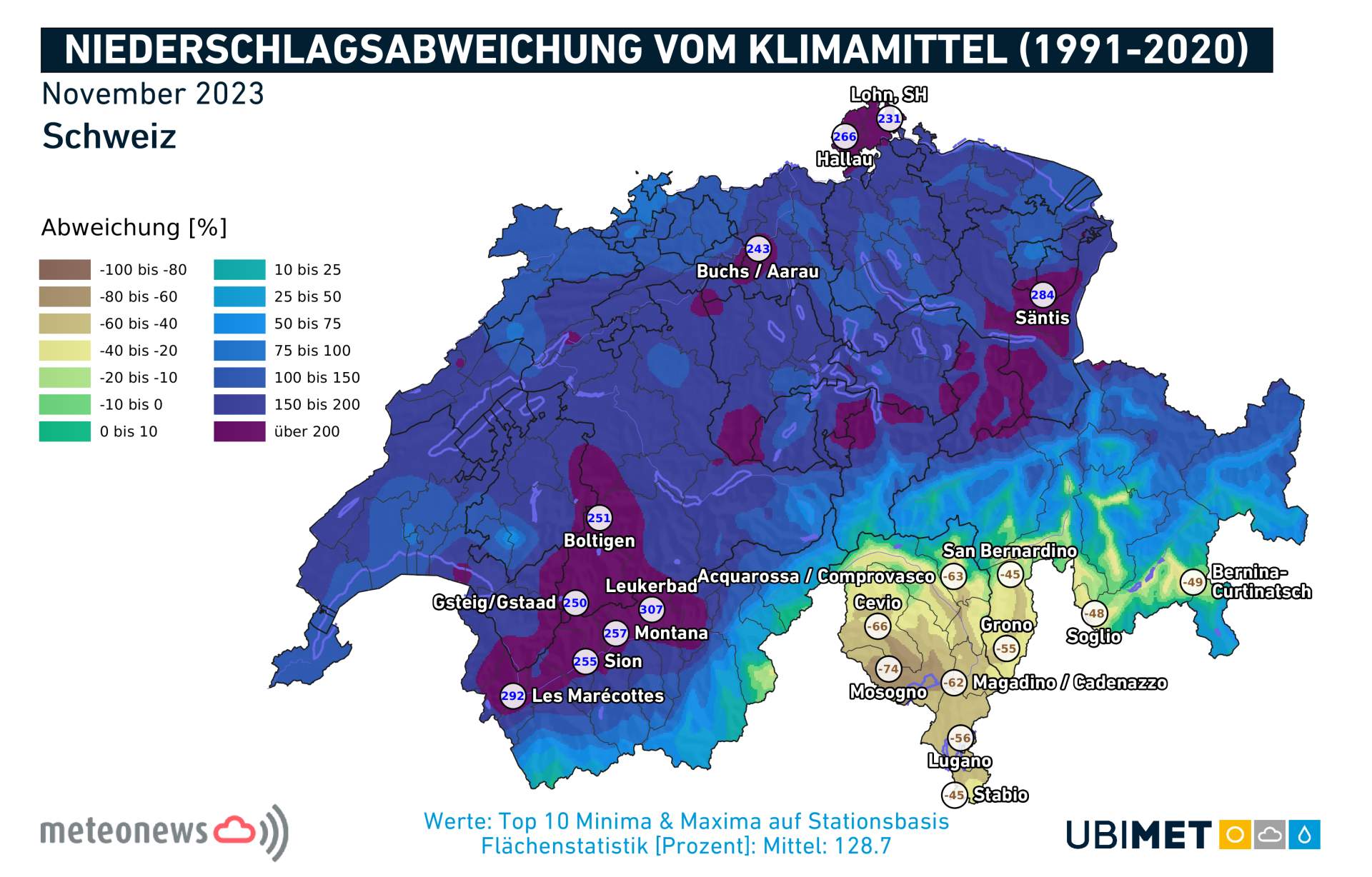 Abb. 2: Niederschlagsabweichung im November im Vergleich zum langjährigen Mittel 1991-2020; Quelle: MeteoNews, UBIMET