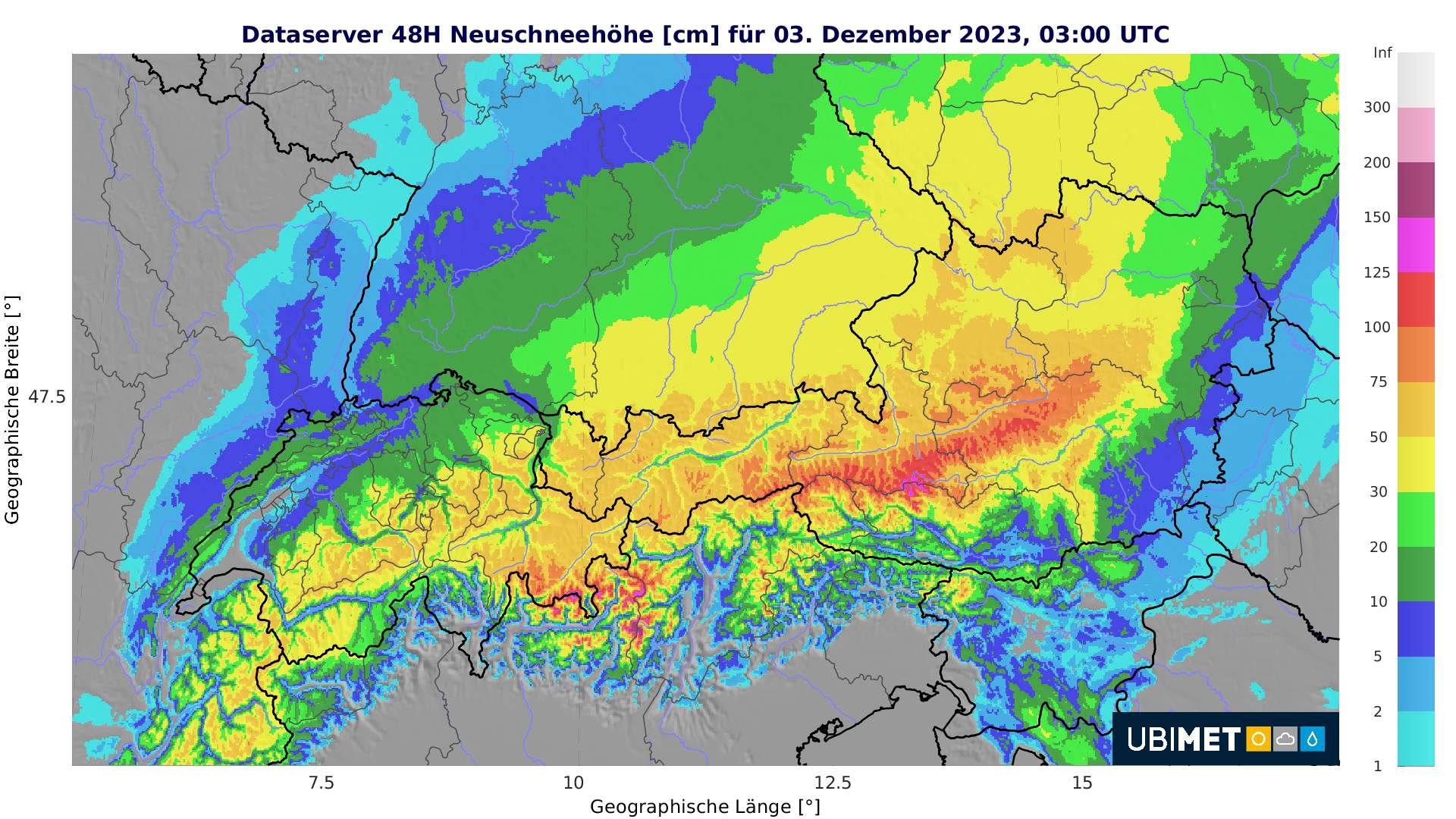 Fig. 1: Approximate new snow totals until Sunday night; Source: MeteoNews, UBIMET