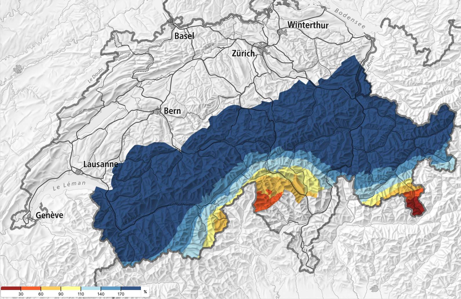 Fig. 4: The amount of snow in the northern Alps is currently well above average; Source: whiterisk.ch