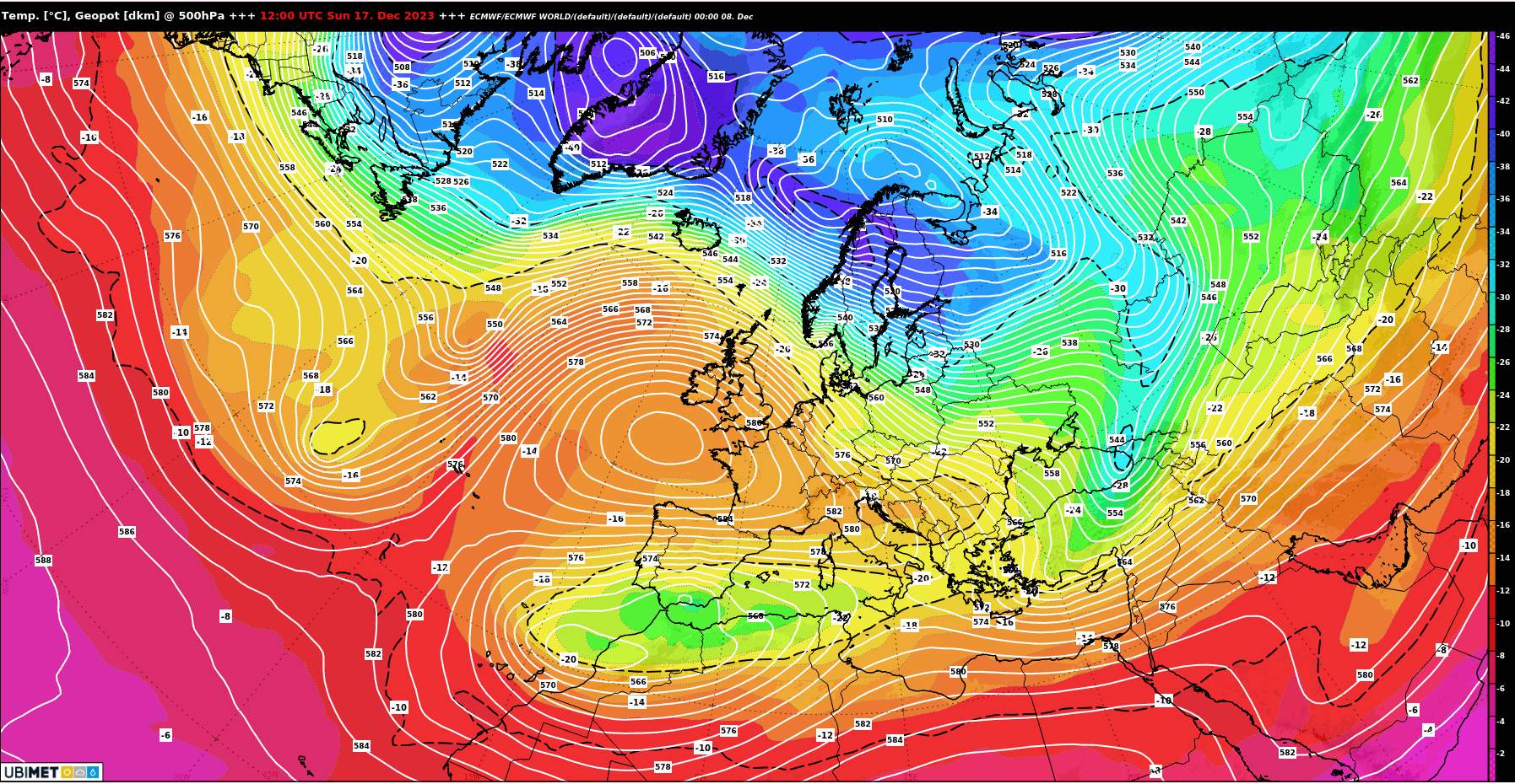 Abb. 3: Hochdruckwetter am Südostrand eines kräftigen atlantischen Hochs am übernächsten Wochenende (europäisches Wettermodell ECMWF); Quelle: MeteoNews, UBIMET