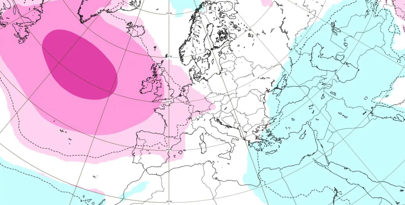 Abb. 4: Überdurchschnittlicher Druck über dem Atlantik bis Neufundland/Grönland in der Woche vor Weihnachten (europäisches Wettermodell ECWMF); Quelle: Europäisches Zentrum für mittelfristige Wettervorhersage 