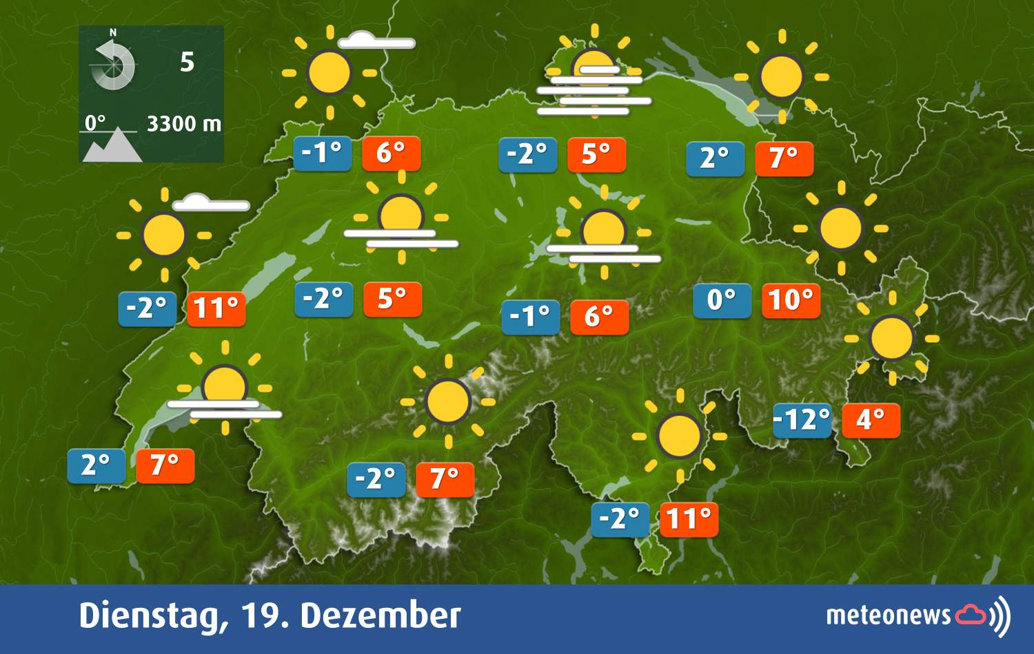 Fig. 2: Weather tomorrow Tuesday: Once again fog in the lowlands, lots of sunshine in the mountains; Source: MeteoNews