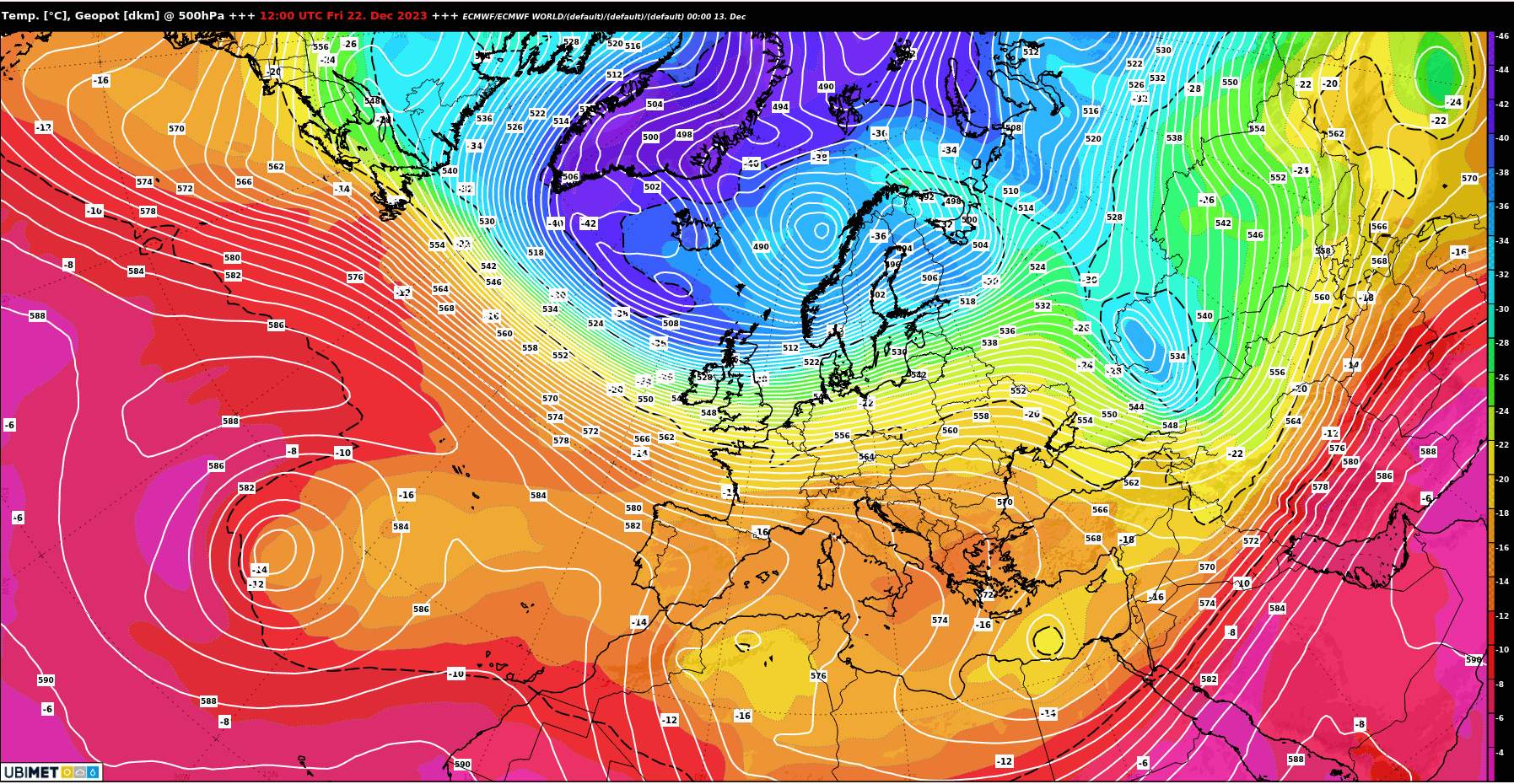 Fig. 1: Situation à l'ouest sur le bord sud d'une dépression sur la Scandinavie au-dessus de l'espace alpin le vendredi avant Noël; Source: MeteoNews, UBIMET
