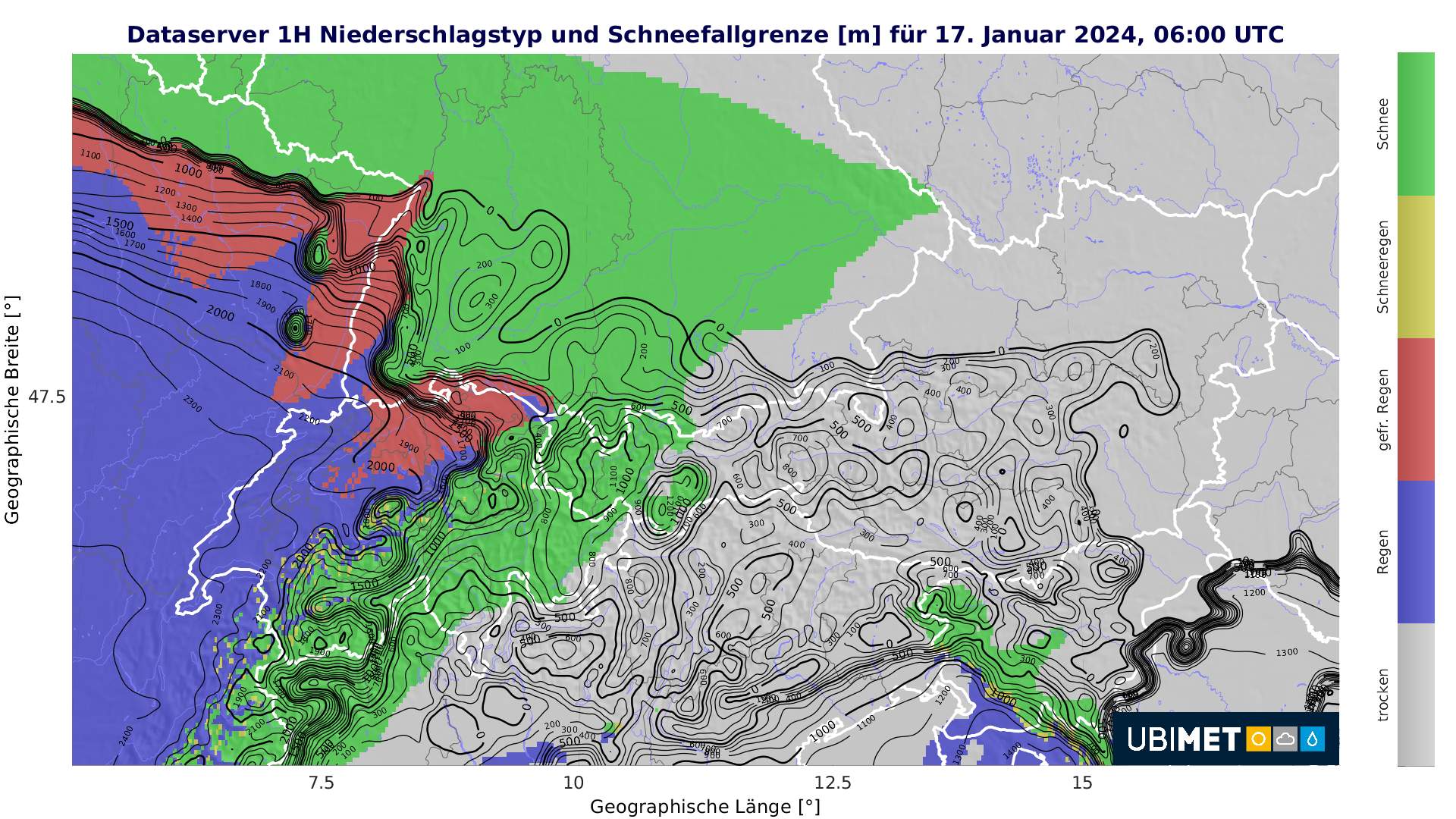 Fig. 2: Precipitation pattern on Wednesday morning according to the UCM model; Source: MeteoNews/UBIMET