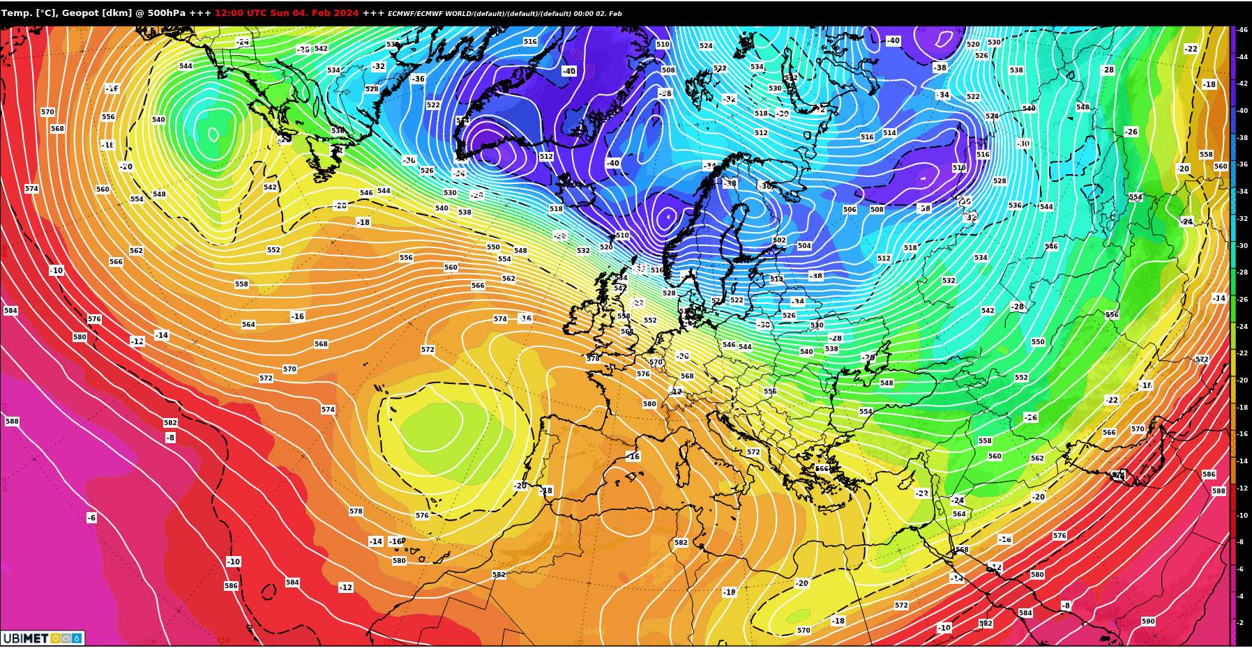 Fig. 2: We are on the north-eastern edge of the high, so there will be a lot of wind on the mountains, especially in the east (Sunday noon, European weather model ECMWF); Source: Meteonews, UBIMET