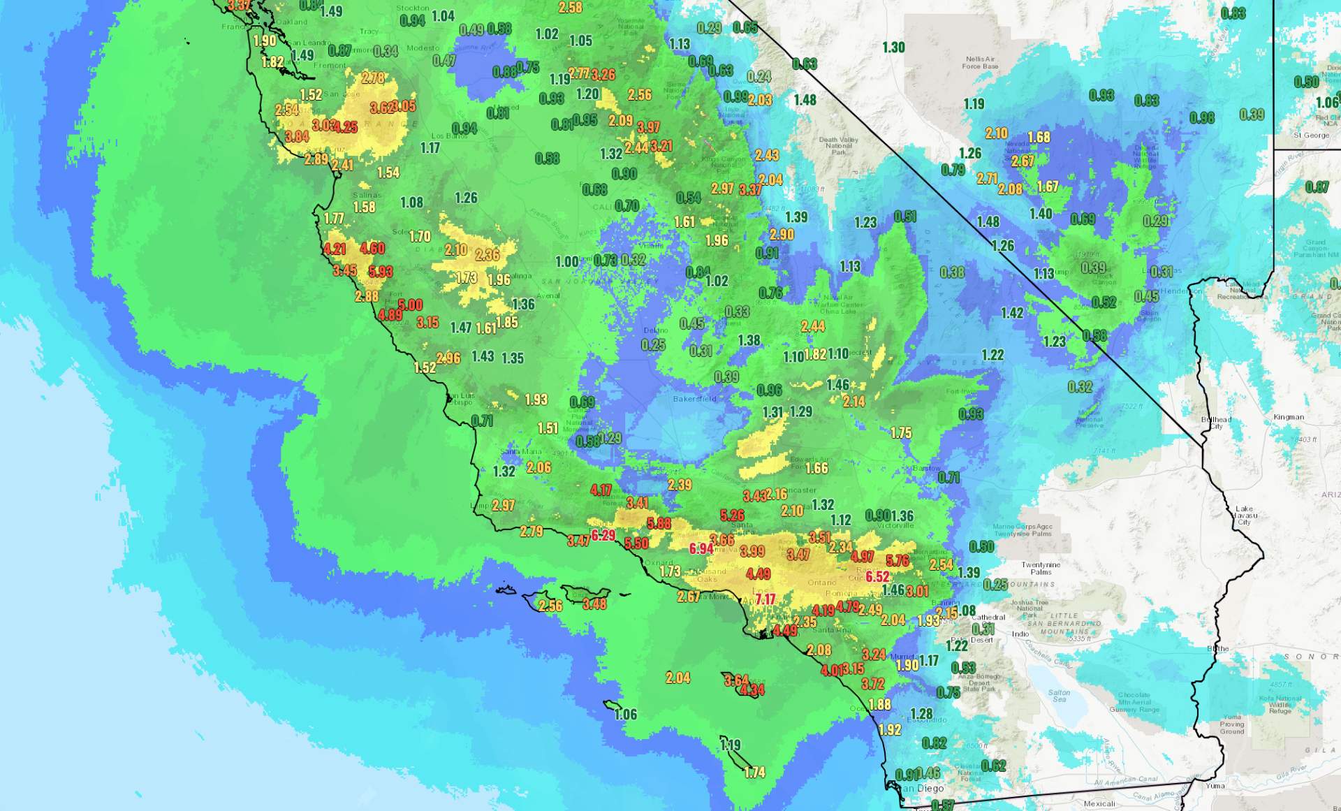 Fig. 1: Precipitation totals for the last 72 hours in inches (1 inch = 25 mm); Source: NWS