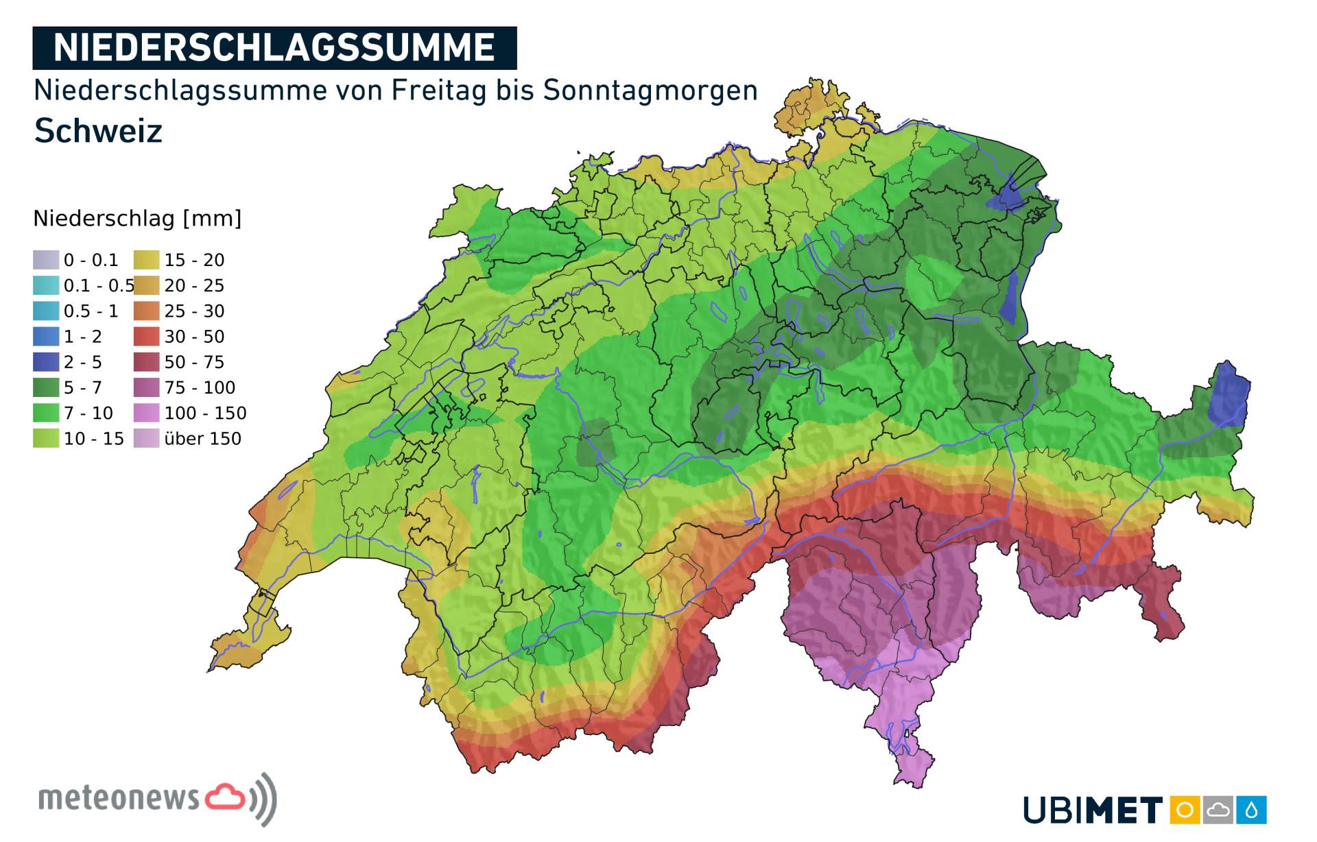 Fig. 2: Calculated precipitation total from Friday to Sunday morning; Source: MeteoNews, UBIMET