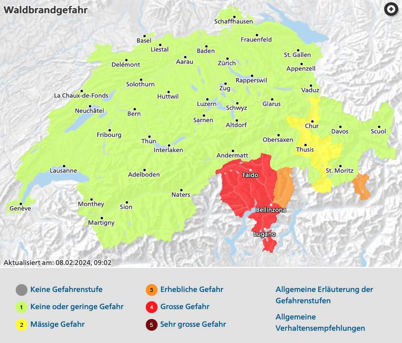 Fig. 3: Attualmente c'è un alto rischio di incendi boschivi in Ticino.; Fonte: Bundesamt für Umwelt BAFU