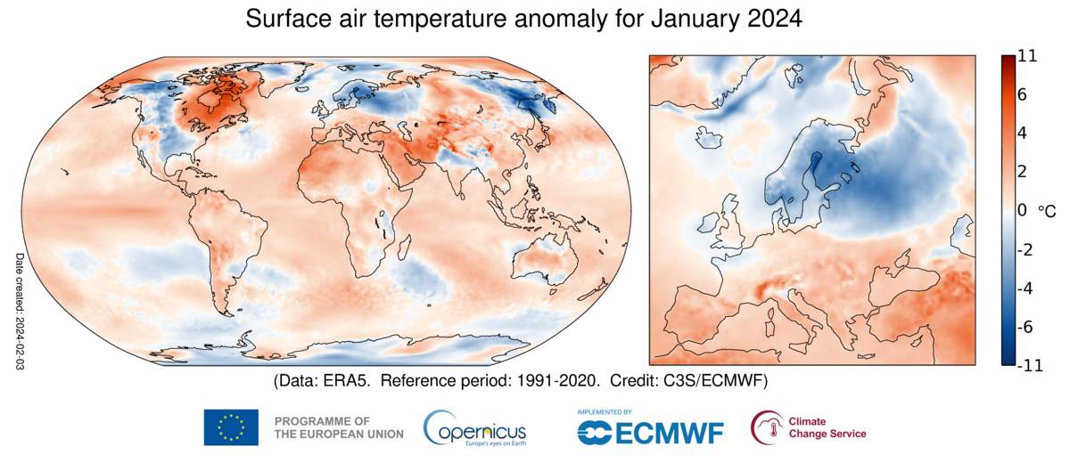 Fig. 2: Ecarts de température en janvier selon Copernicus; Source: Copernicus