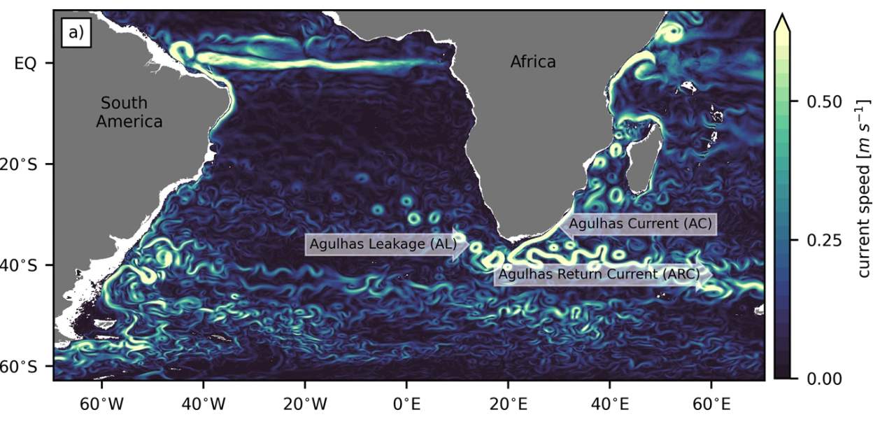 Abb. 2: Simulation der oberflächlichen Meeresströmungen im Südatlantik und dem Indischen Ozean (Modell INHALT20); Quelle: nature.com