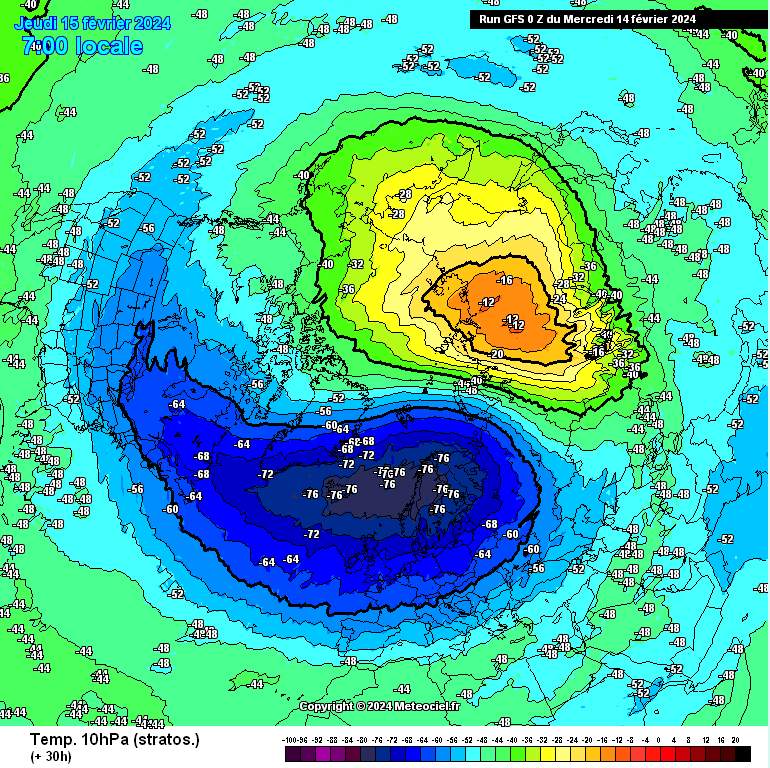Abb. 2: Temperaturen auf der 10 hPa Fläche (ca. in 28 km Höhe) am Mittwoch, 14. Februar 2024; Quelle: meteociel.fr