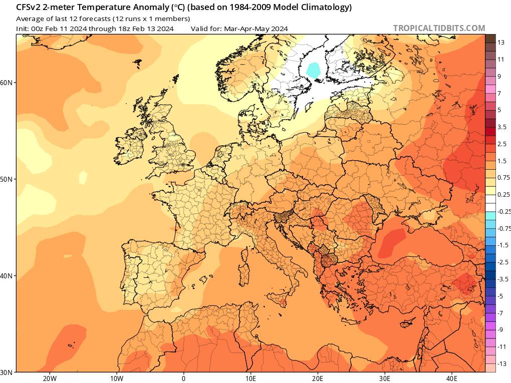 Abb. 11: Abweichung der Temperatur gegenüber dem langjährigen Mittel in Europa für die Monate März, April und Mai (CFSv2, NOAA); Quelle: tropicaltidbits.com