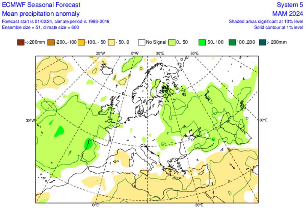 Fig. 8: Ecart des précipitations par rapport à la moyenne pluriannuelle en Europe pour les mois de mars, avril et mai (ECMWF); Source: ECMWF