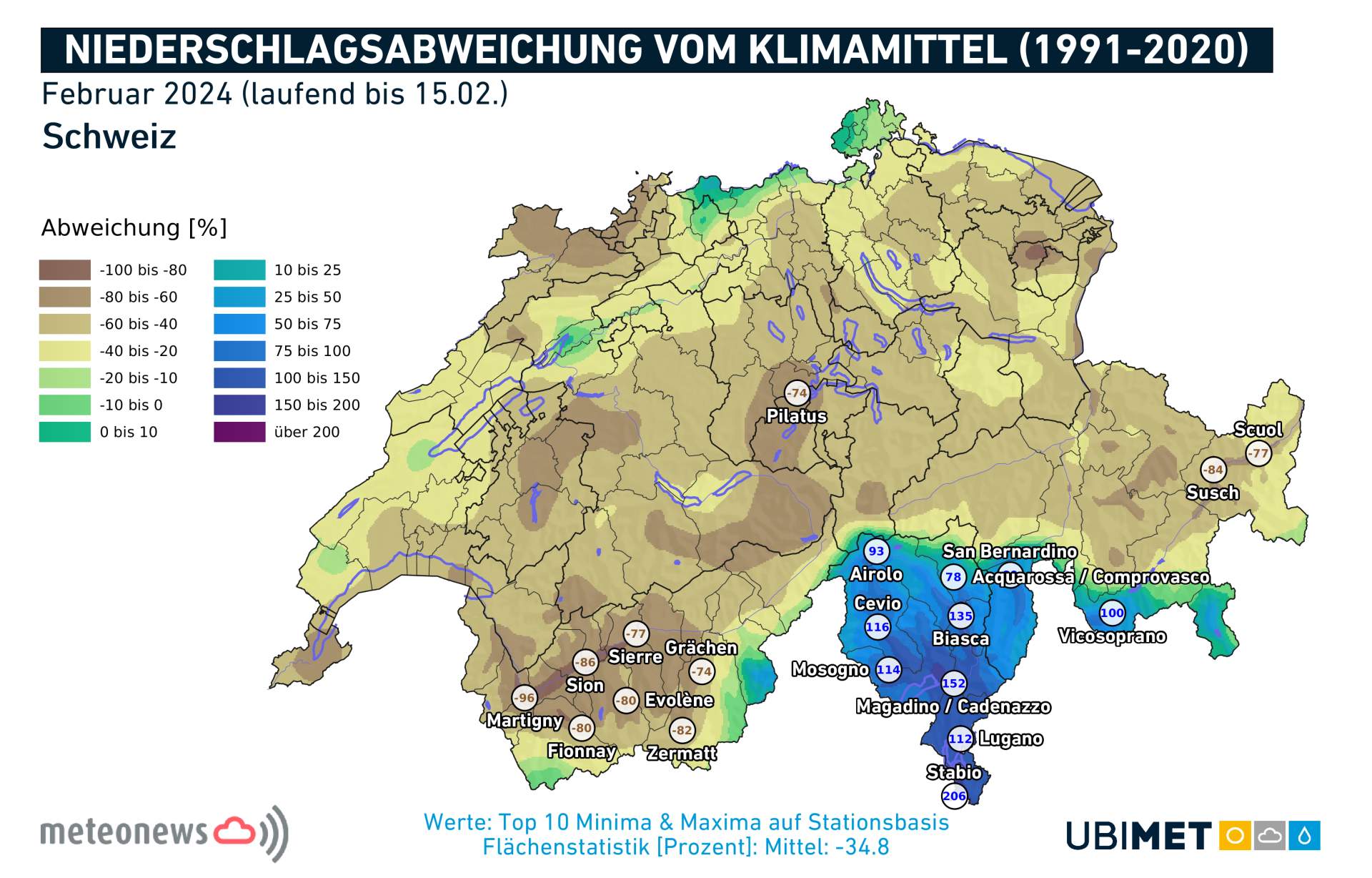Abb. 3: Bisherige Niederschlagsabweichung im Februar im Vergleich zum langjährigen Mittel 1991-2020; Quelle: MeteoNews, UBIMET