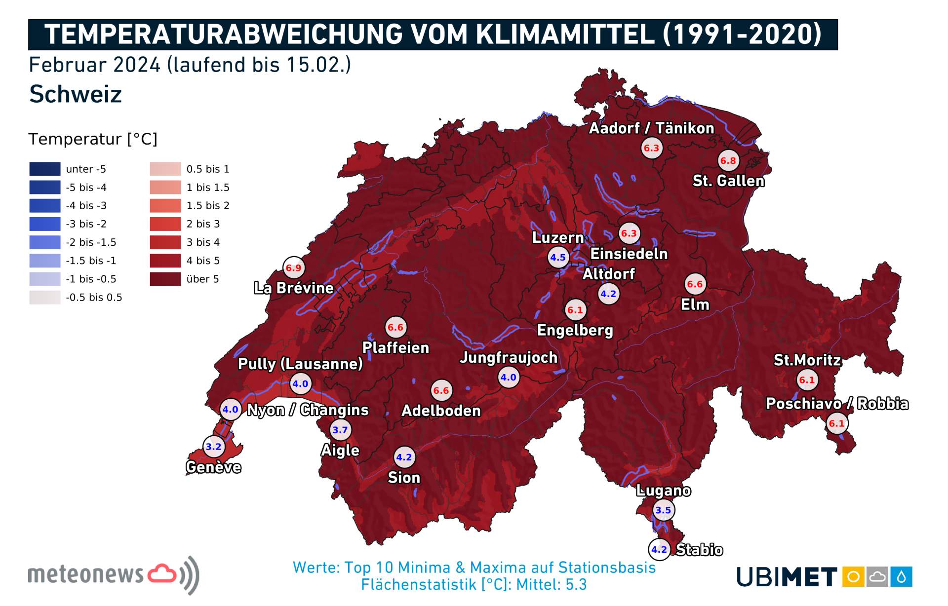 Fig. 1: Écart de température à ce jour en février par rapport à la moyenne à long terme 1991-2020; Source: MeteoNews, UBIMET