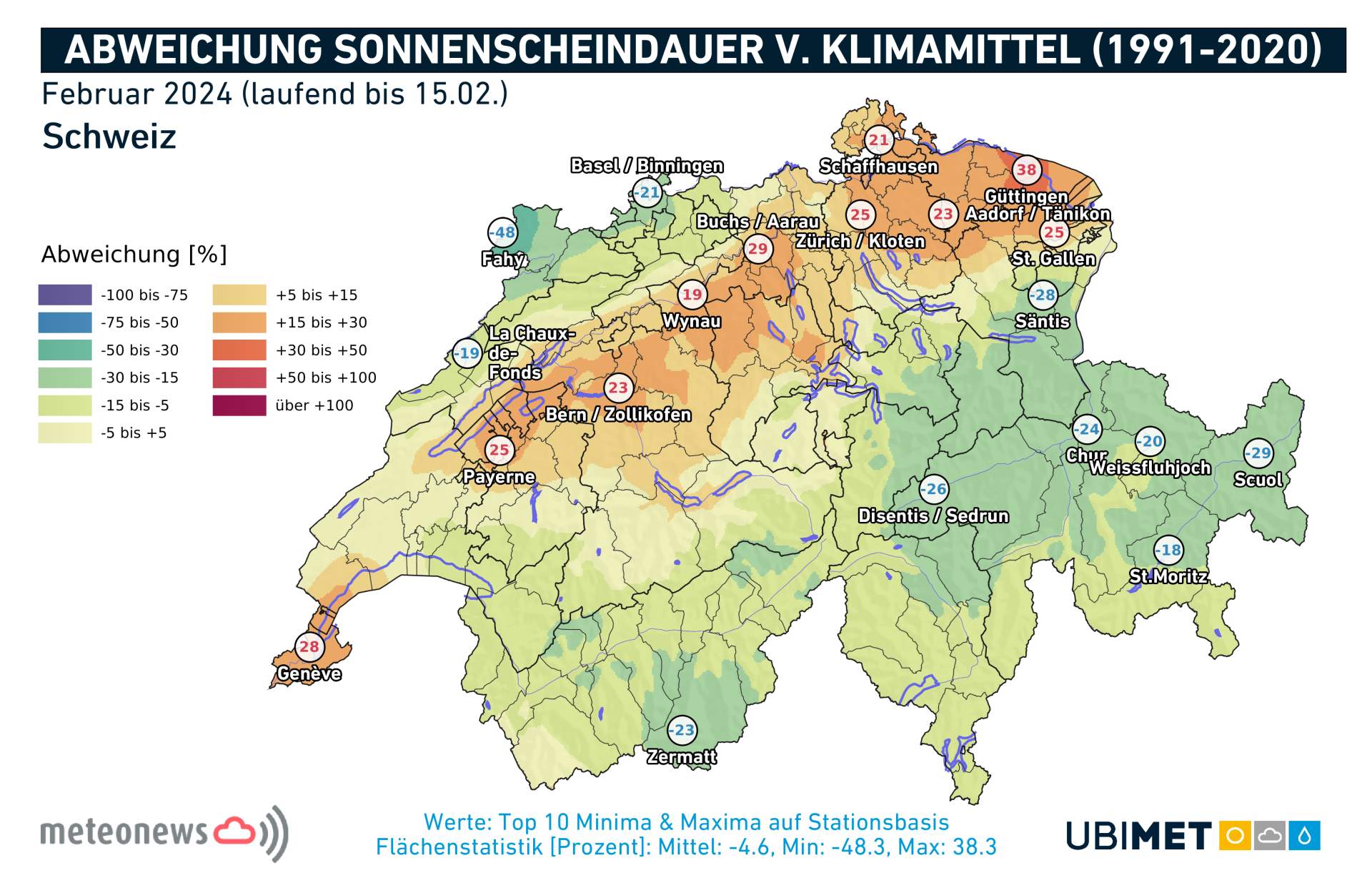 Fig. 4: Écart historique de la durée d'ensoleillement en février par rapport à la moyenne pluriannuelle 1991-2020; Source: MeteoNews, UBIMET