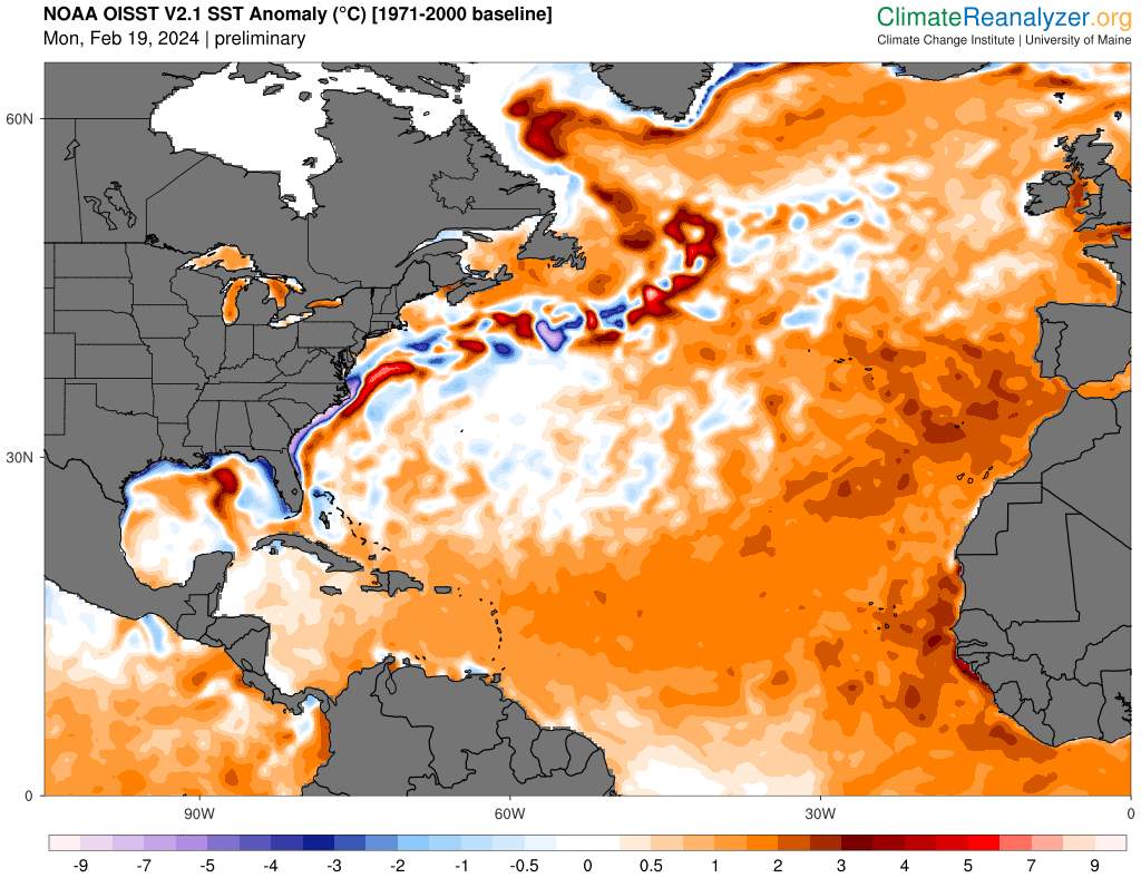 Abb. 2: Anomalie der Meeresoberflächentemperatur im Nordatlantik; Quelle: climatereanalyzer