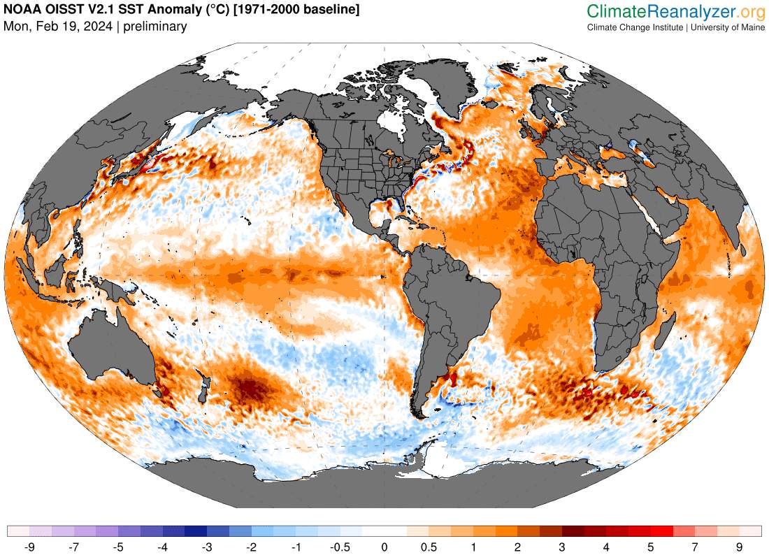 Fig. 4: Anomalie de la température globale de la surface de la mer; Source: climatereanalyzer
