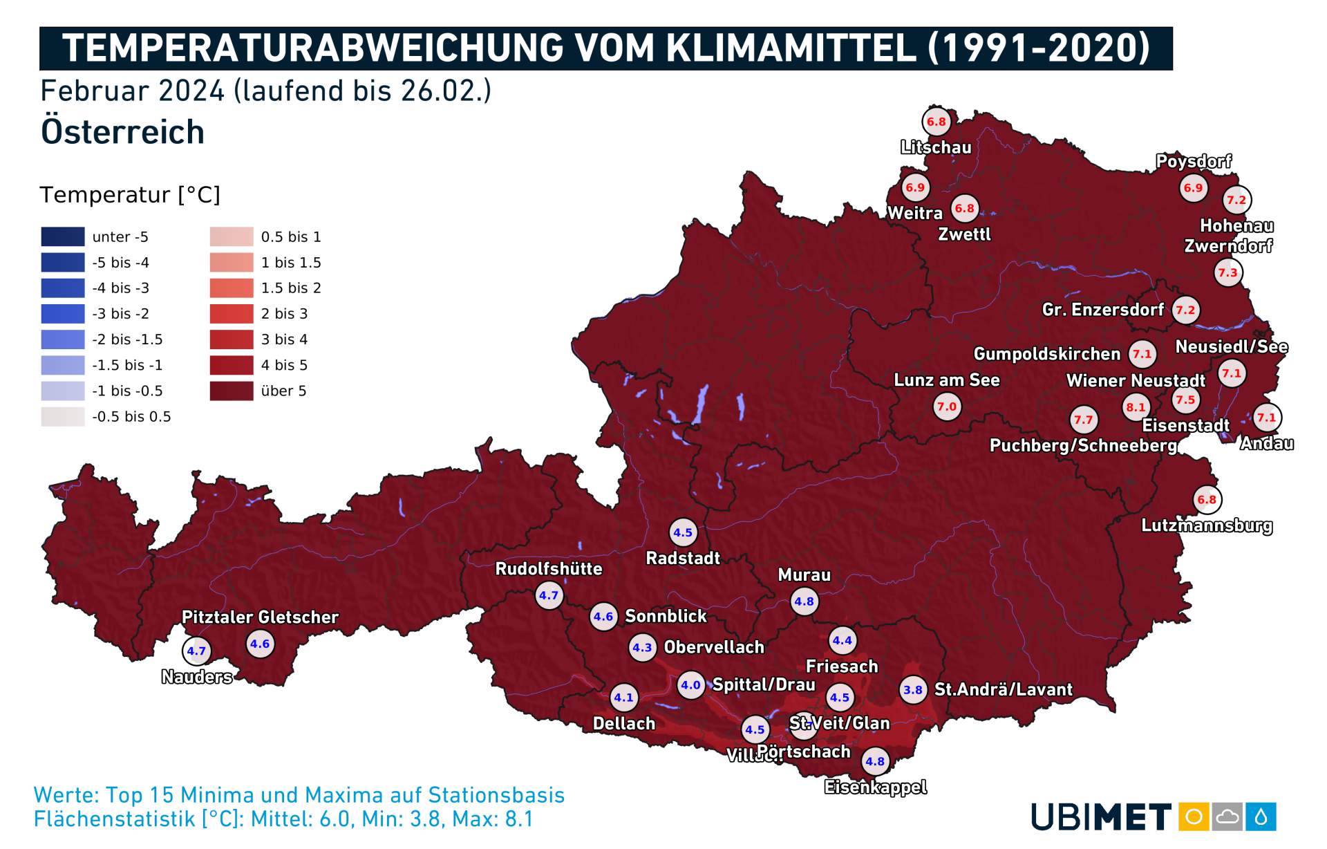 Abb. 2: Temperaturabweichung bis zum 26. Februar in Österreich im Vergleich zum langjährigen Mittel 1991-2020; Quelle: UBIMET