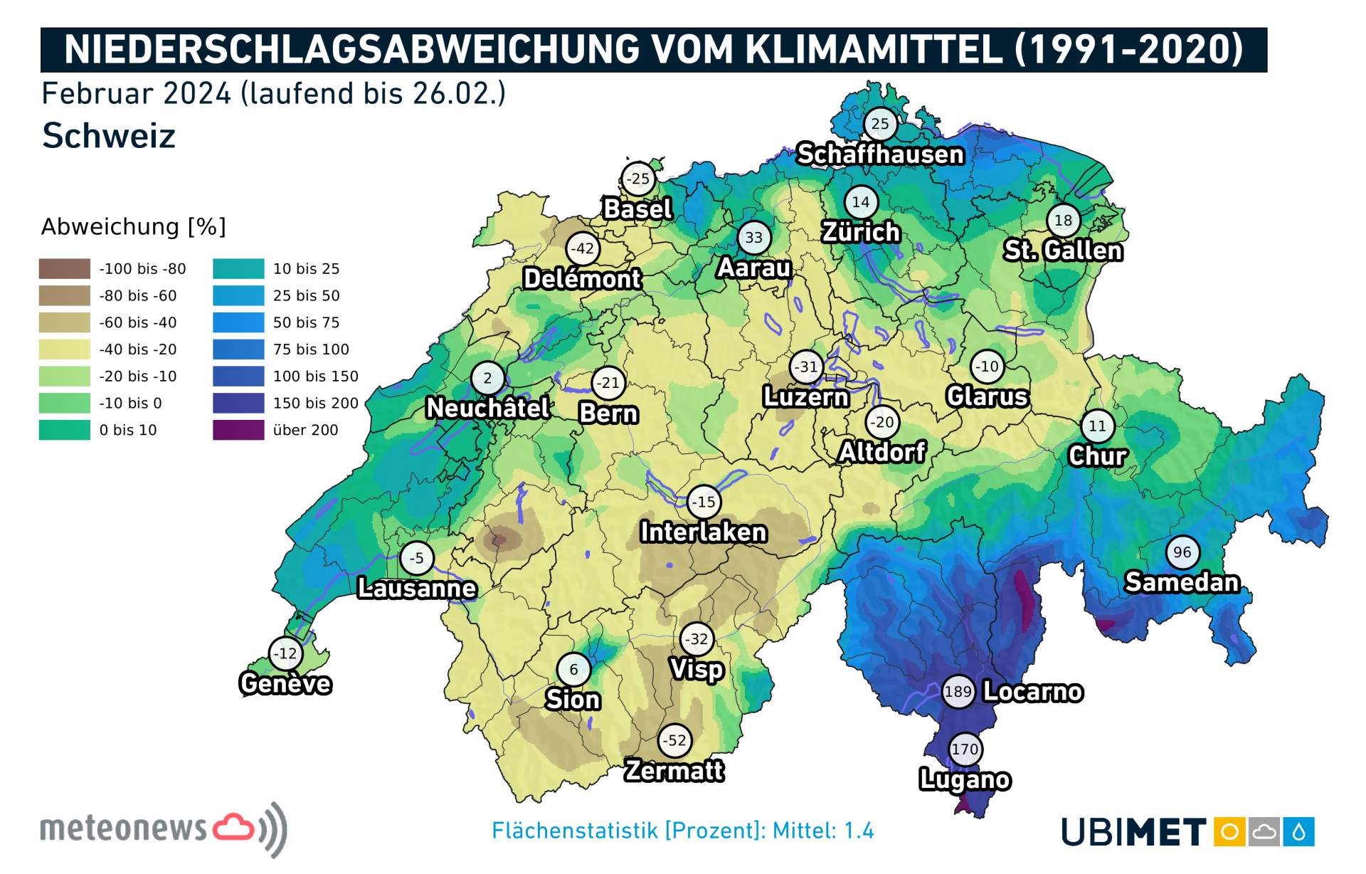 Fig. 4: Écart de précipitations jusqu'au 26 février par rapport à la moyenne pluriannuelle 1991-2020; Source: MeteoNews, UBIMET