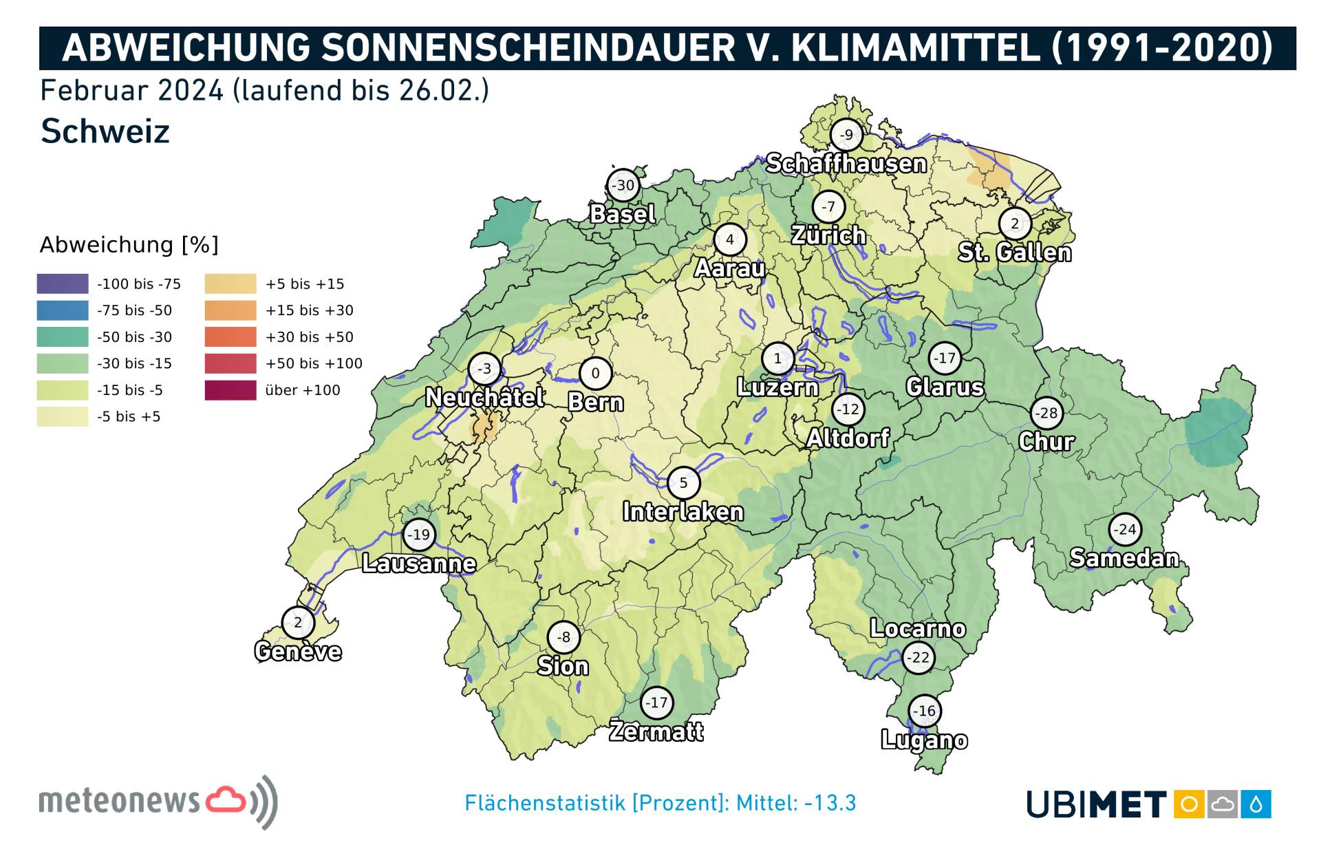Fig. 5: Ecart de la durée d'ensoleillement jusqu'au 26 février par rapport à la moyenne pluriannuelle 1991-2020; Source: MeteoNews, UBIMET