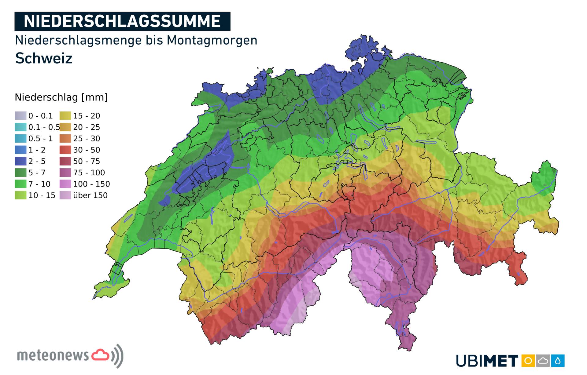 Fig. 4: Precipitation amount March 1, 00 a.m. to March 4, 6 a.m.; Source: MeteoNews, Ubimet
