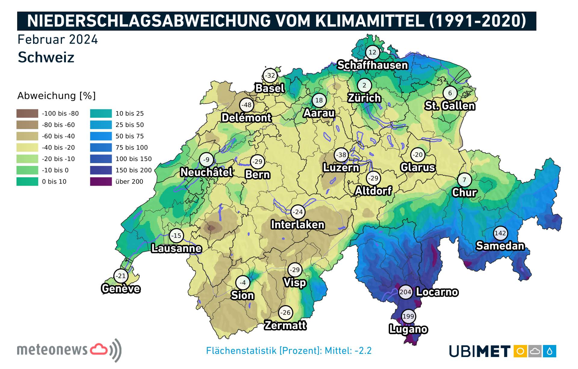 Abb. 2: Niederschlagsabweichung im Februar im Vergleich zum langjährigen Mittel 1991-2020; Quelle: MeteoNews, UBIMET