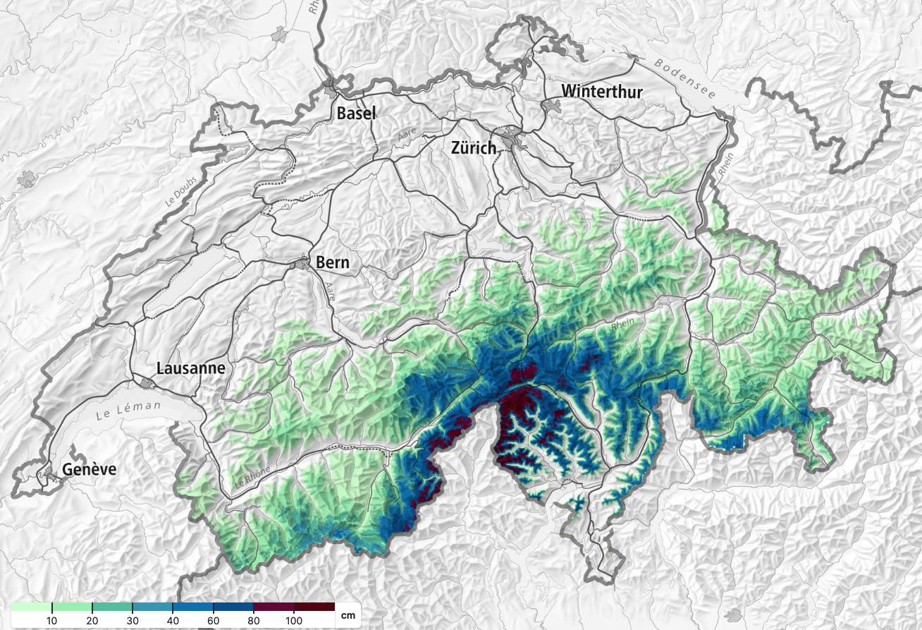 Fig. 1: New snow map of the last 72h; Source: SLF