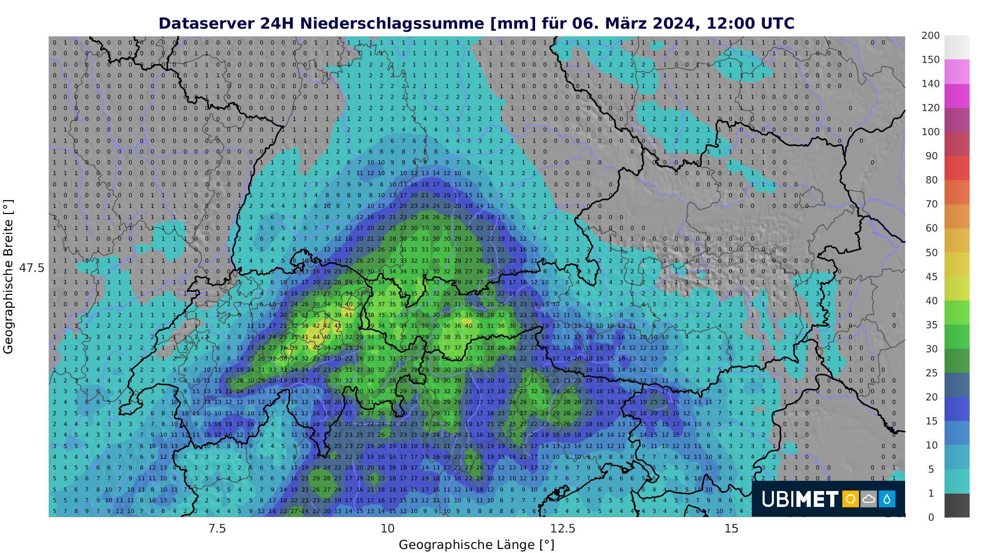 Fig. 5: Precipitation total from around noon today until noon tomorrow; Source: MeteoNews, UBIMET