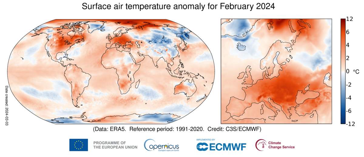 Fig. 1: Temperature deviations in February according to Copernicus; Source: Copernicus