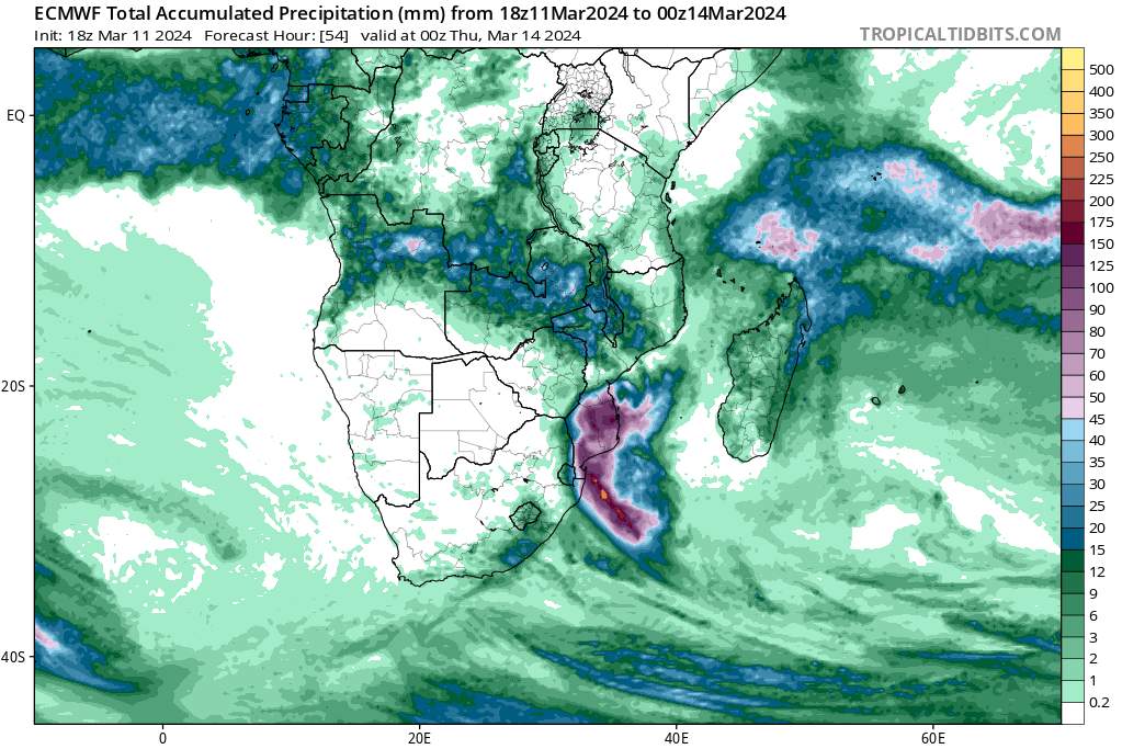 Abb. 3: Akkumulierte Niederschläge bis 14. März 00 UTC (ECMWF); Quelle: tropicaltidbits.com