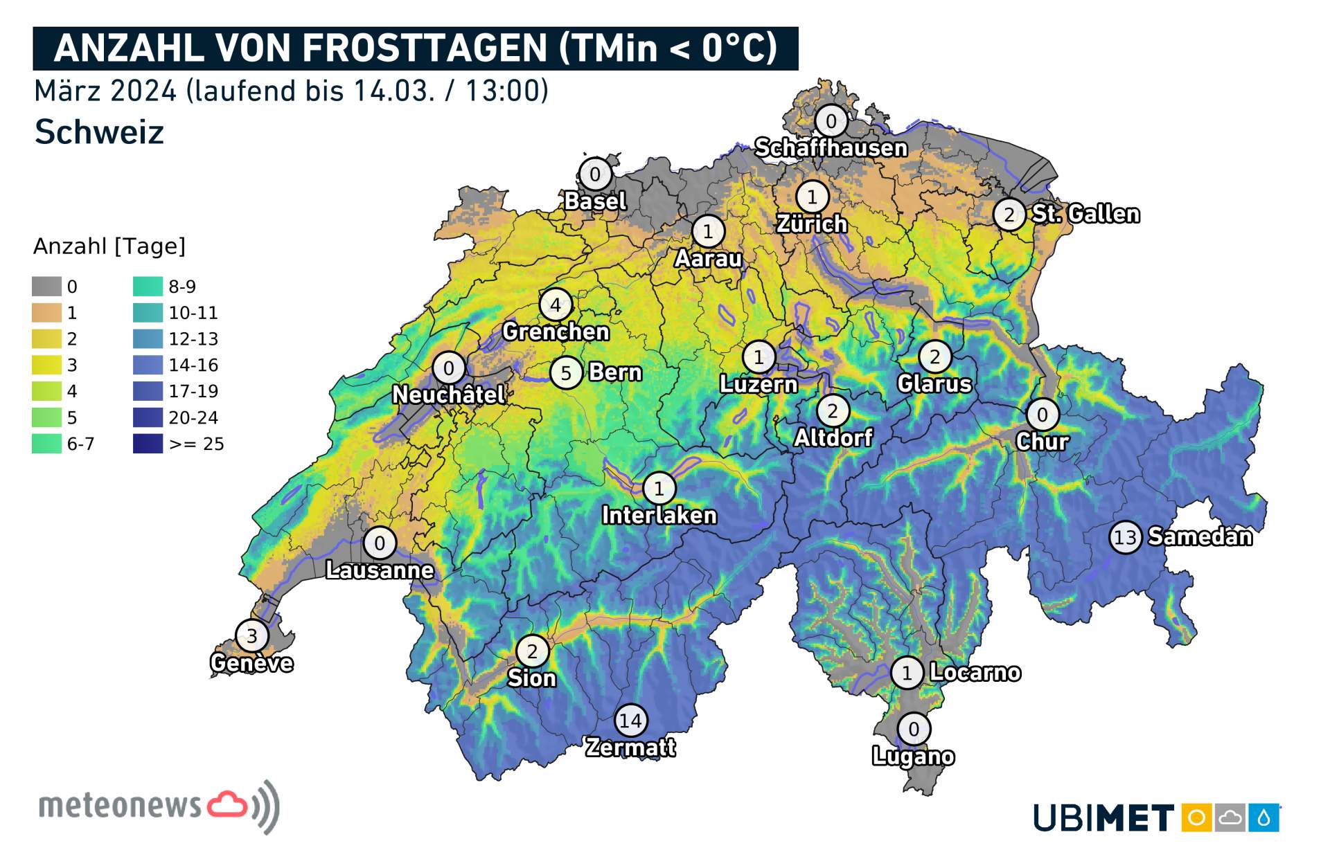 Abb. 2: Anzahl Frosttage (Minima unter 0 Grad) bisher im März; Quelle: MeteoNews, UBIMET