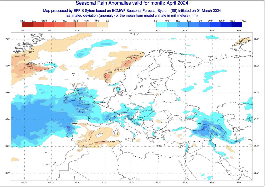 Fig. 1: Ecart des précipitations prévus par ECMWF pour avril; Source: Copernicus