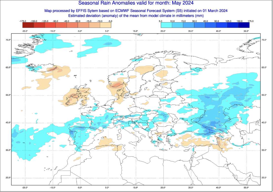 Fig. 2: Ecart des précipitations prévus par ECMWF pour mai; Source: Copernicus