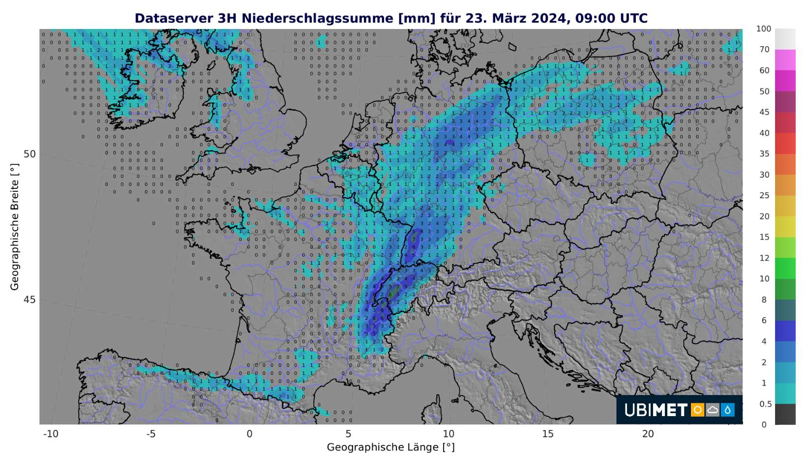 Fig. 3: Precipitation band of the cold front on Saturday morning... ; Source: MeteoNews, Ubimet