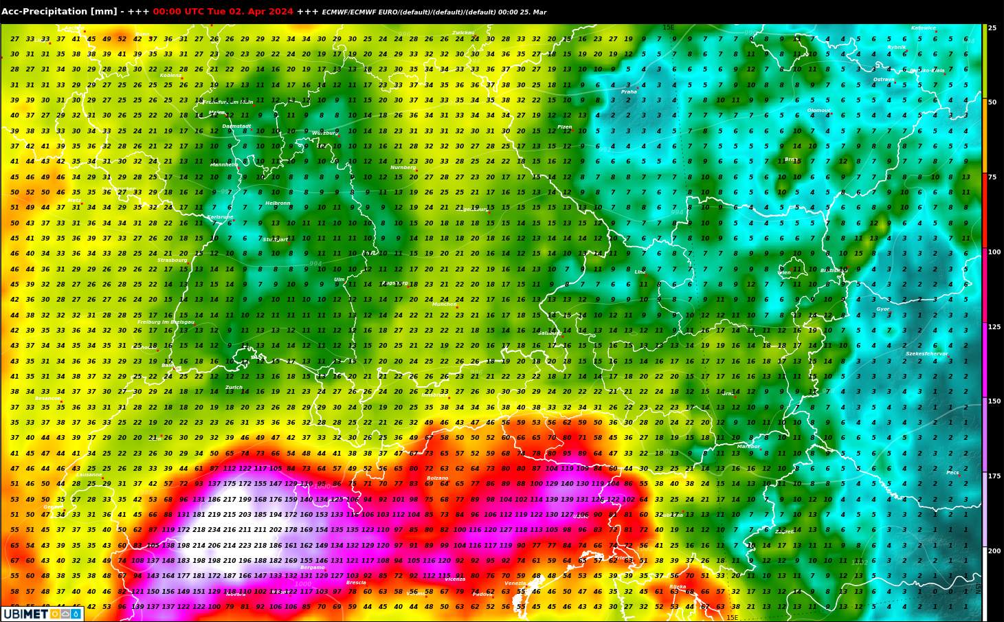 Fig. 3: Somme des précipitations jusqu'après Pâques selon le modèle météorologique européen ECMWF; Source: MeteoNews, UBIMET