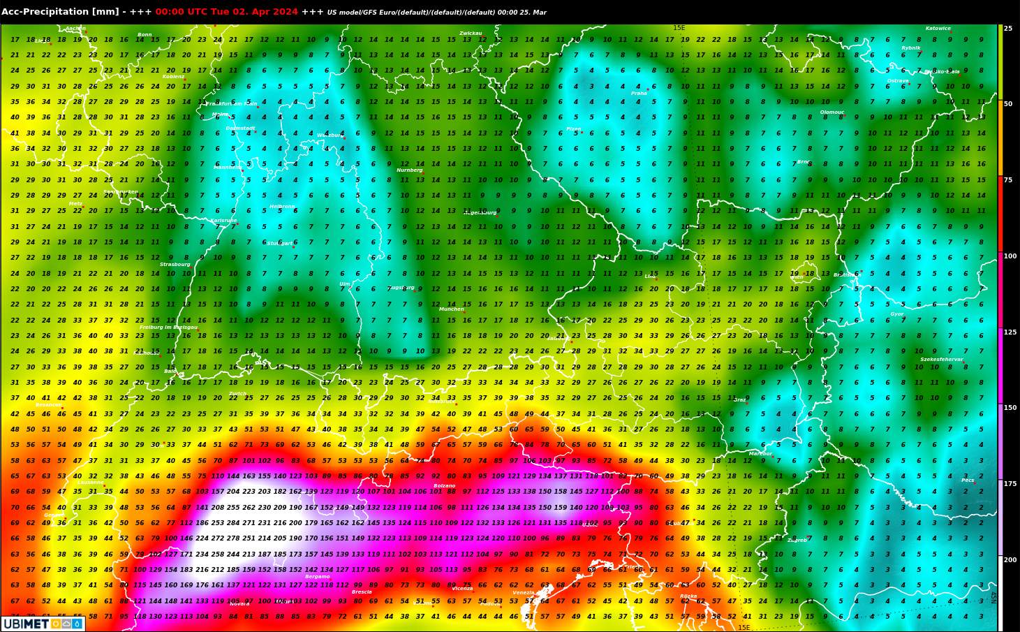 Fig. 4: Somme des précipitations jusqu'après Pâques selon le modèle météo américain GFS; Source: MeteoNews, UBIMET