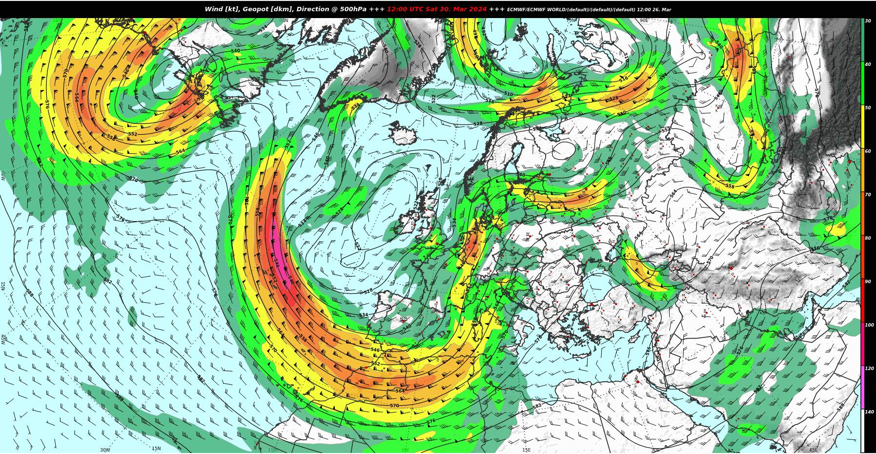 Abb. 1: Stürmische Südströmung über dem Alpenraum an Ostern (Höhenwindkarte des europäischen Wettermodells ECMWF am Samstagmittag); Quelle: MeteoNews, UBIMET