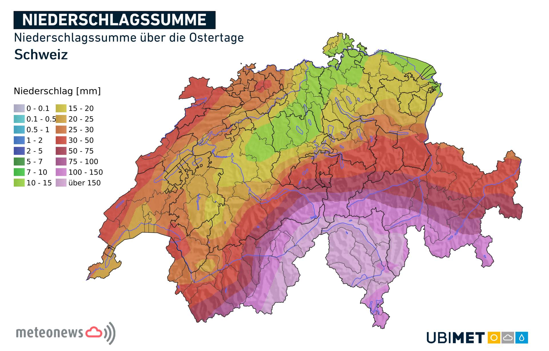 Abb. 2: Totale Niederschlagssumme von Karfreitag bis Ostermontag; Quelle: MeteoNews, UBIMET