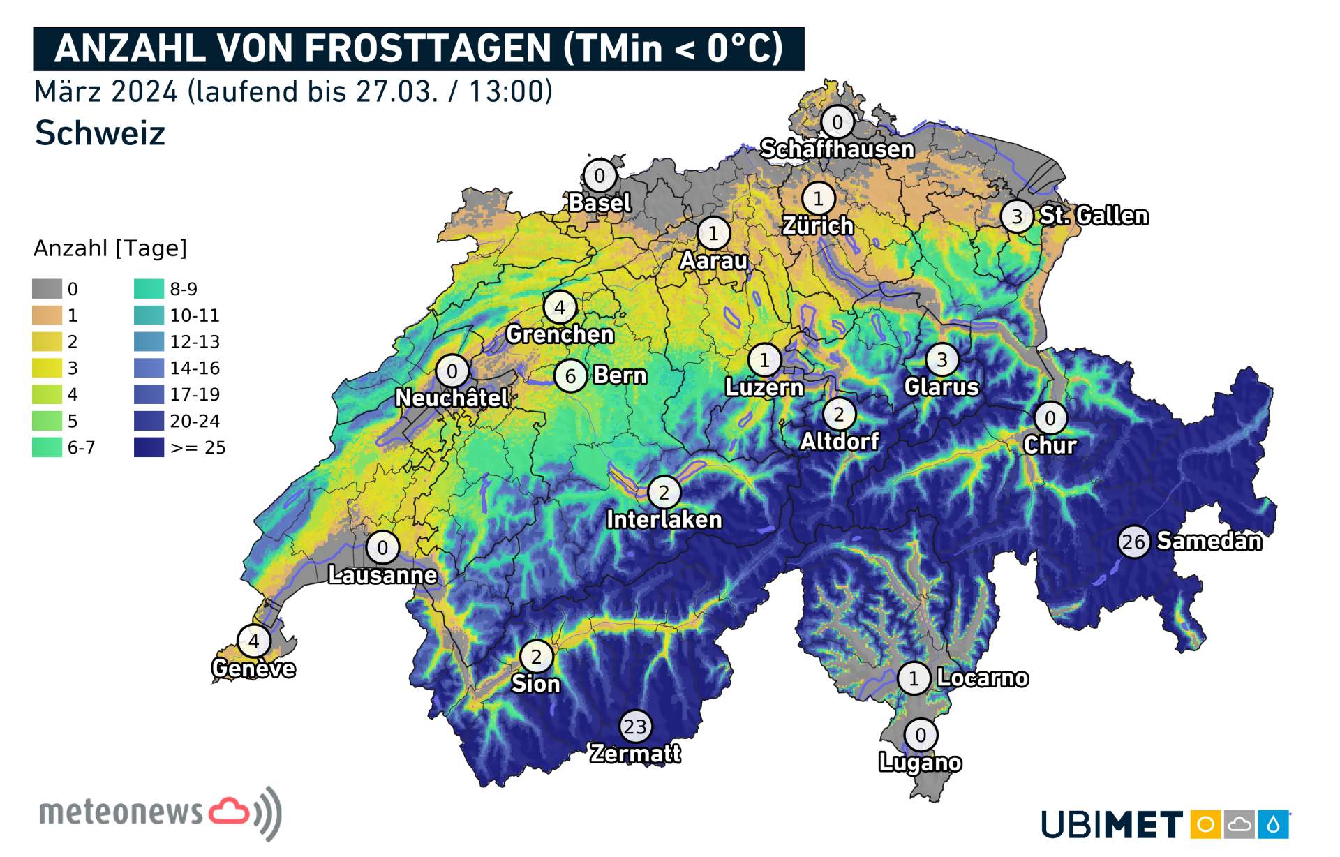 Abb. 2: Frosttage (Tage mit Minima unter 0 Grad) im März; Quelle: MeteoNews, UBIMET